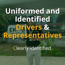 Ekab Shuttles uniformed bilingual driver wearing official ID badge and company polo shirt