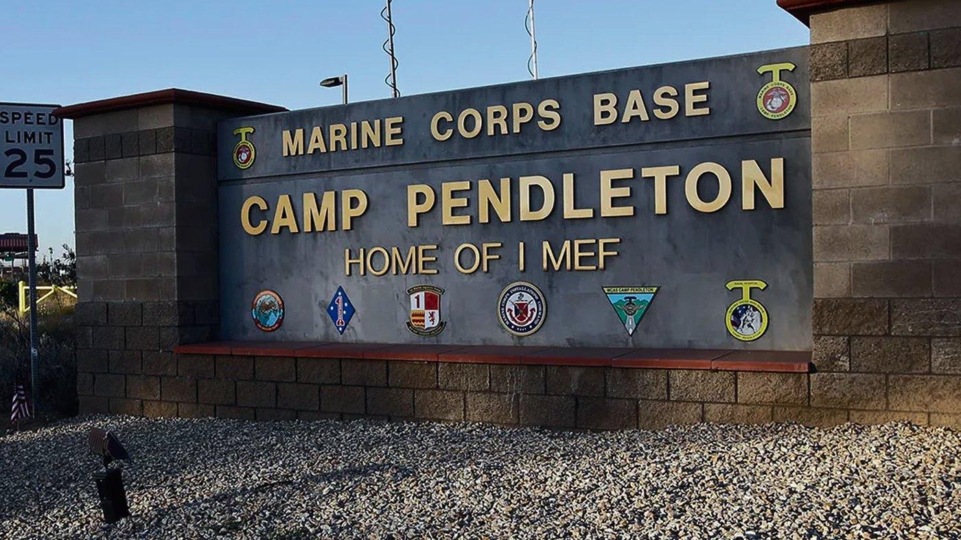 The Marine Corps Base Camp Pendleton entrance sign, Home of I MEF.