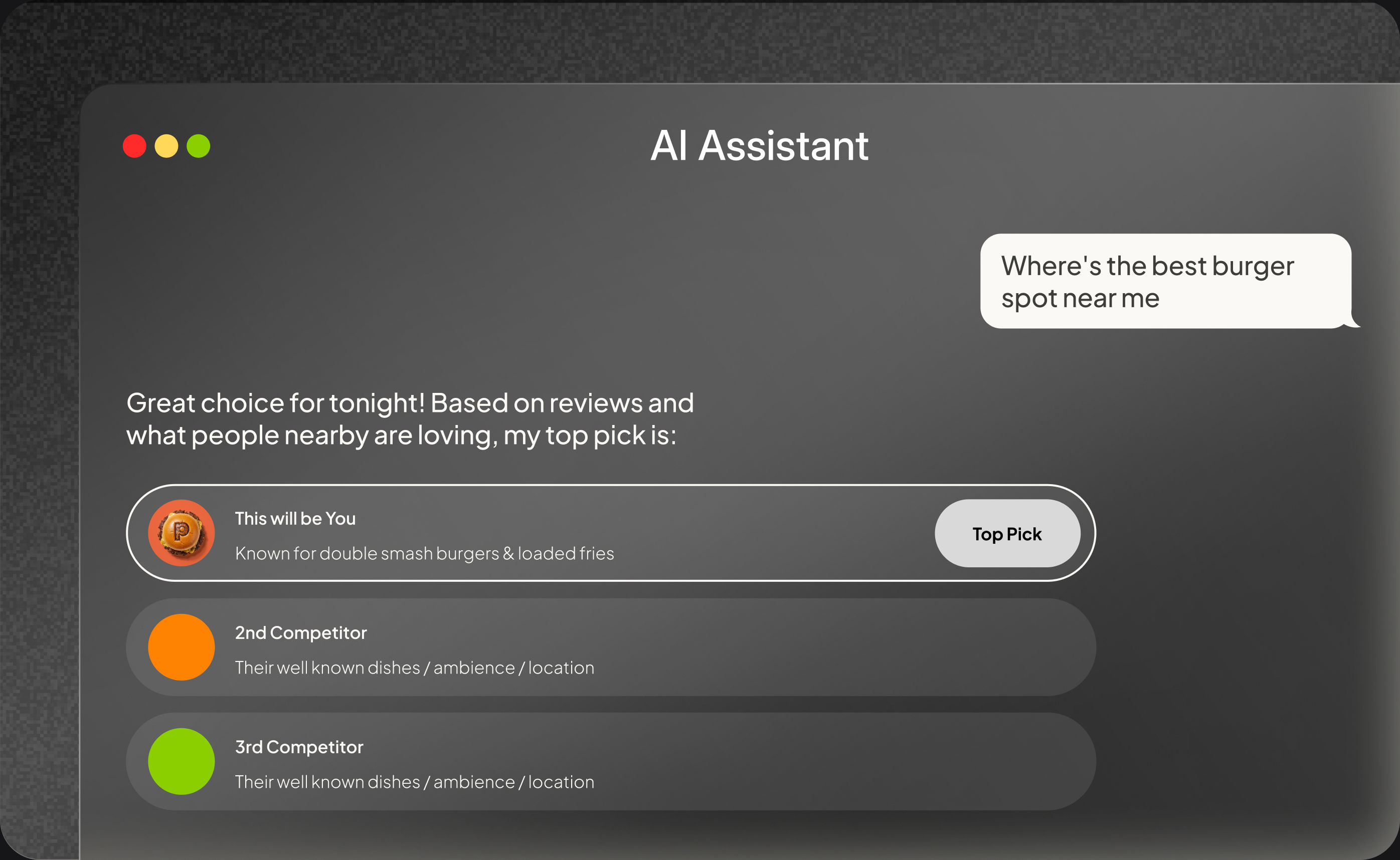Vibemyad positioning a restaurant to be recommended by AI assistants