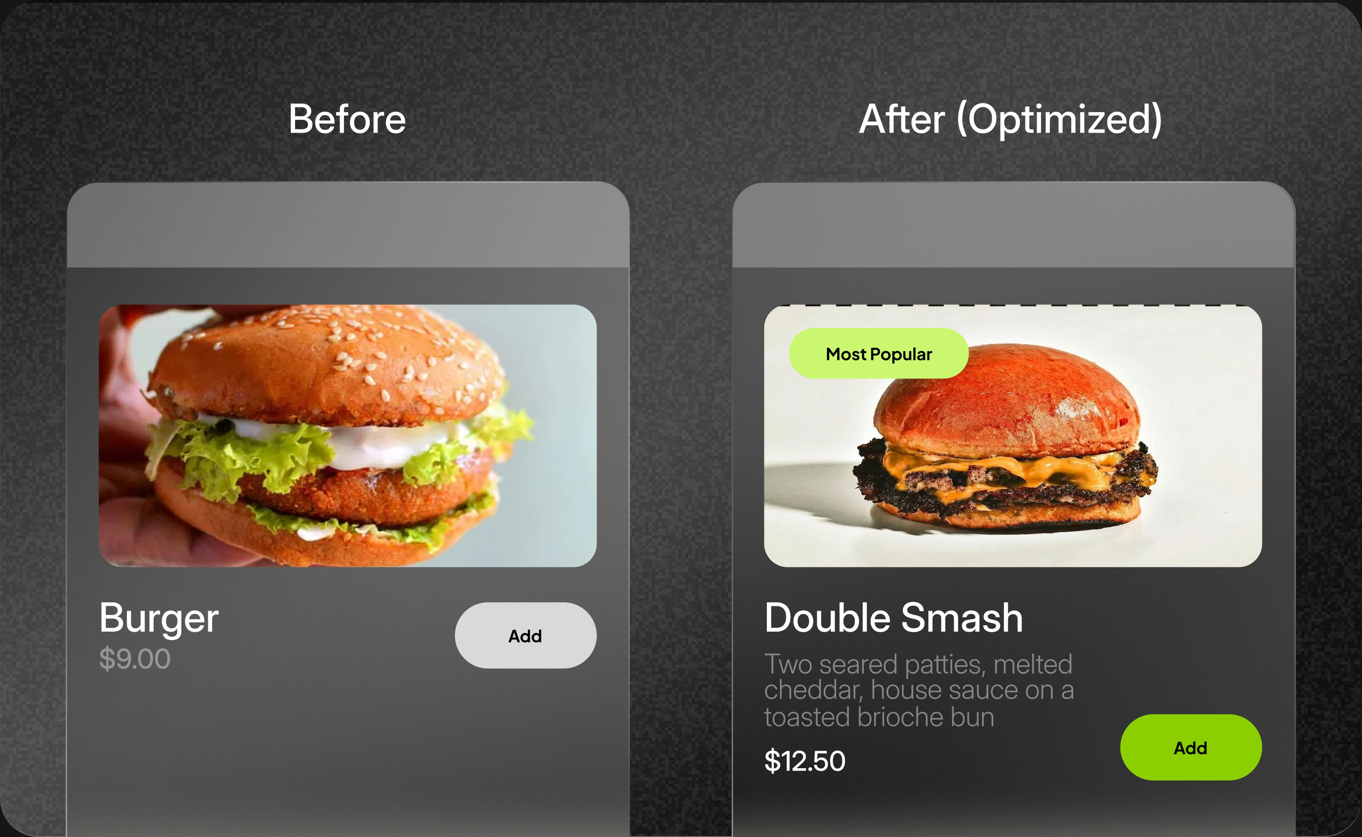 Vibemyad optimizing a delivery listing with before-and-after dish photos