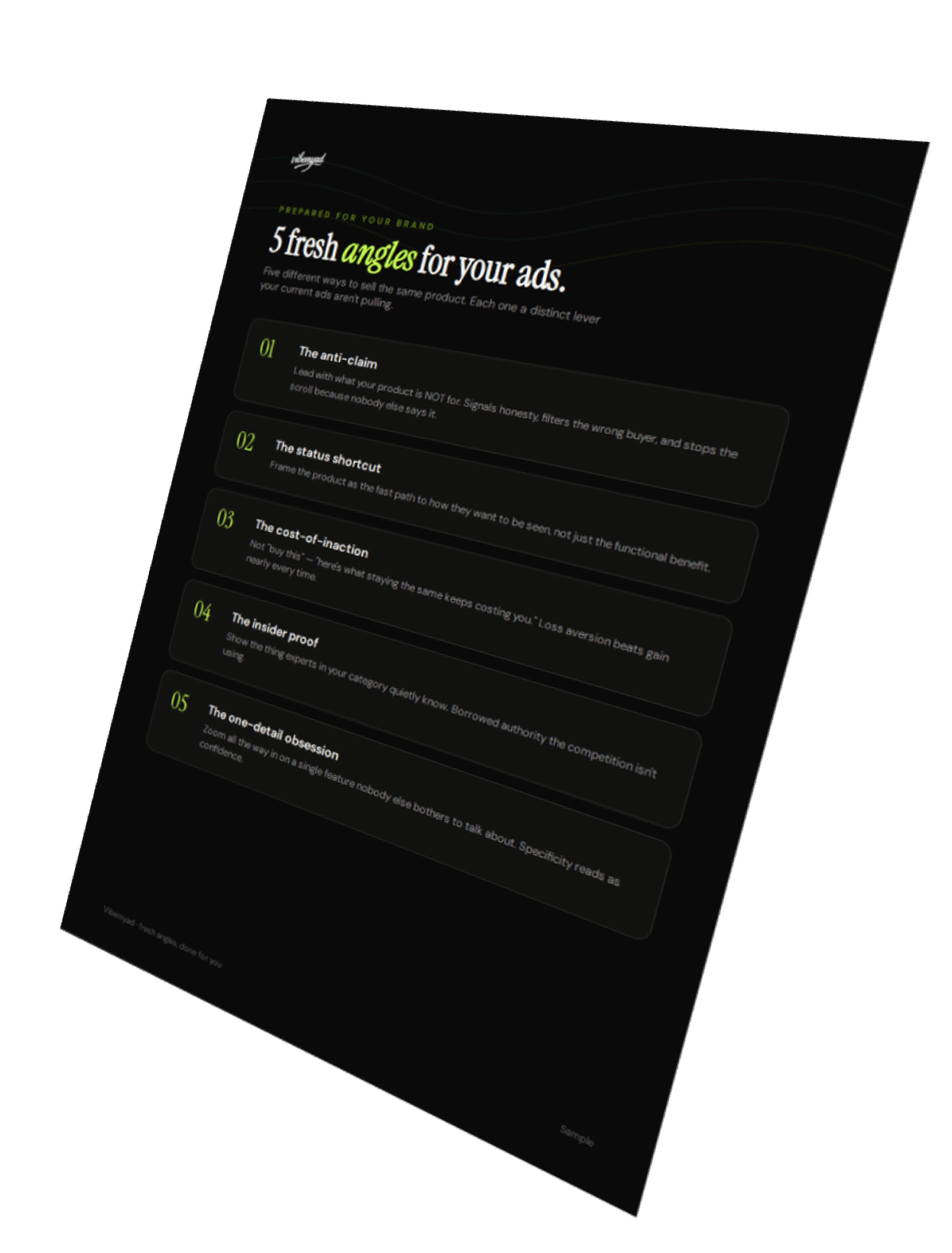 A one-page brief listing five fresh ad angles