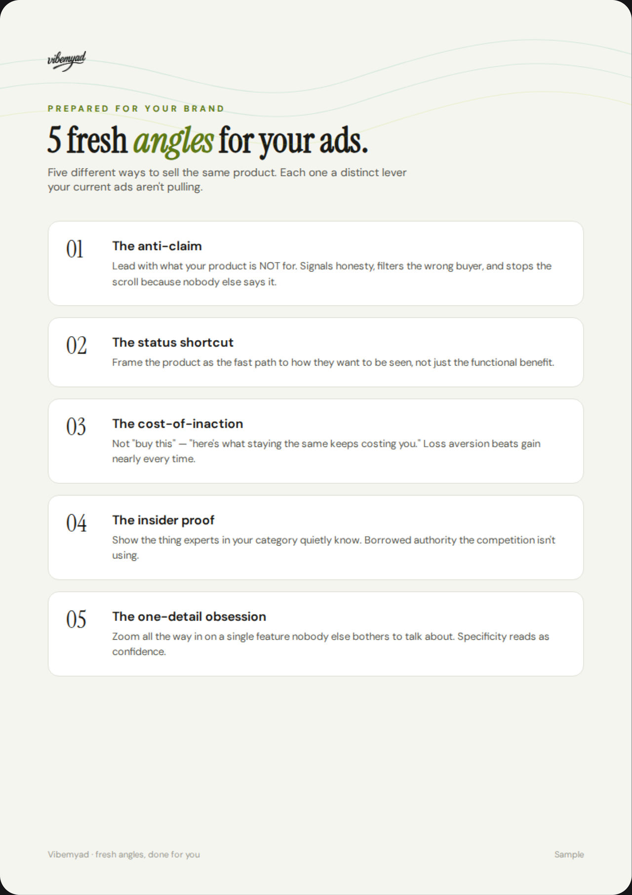 A one-page brief listing five alternate ad hooks