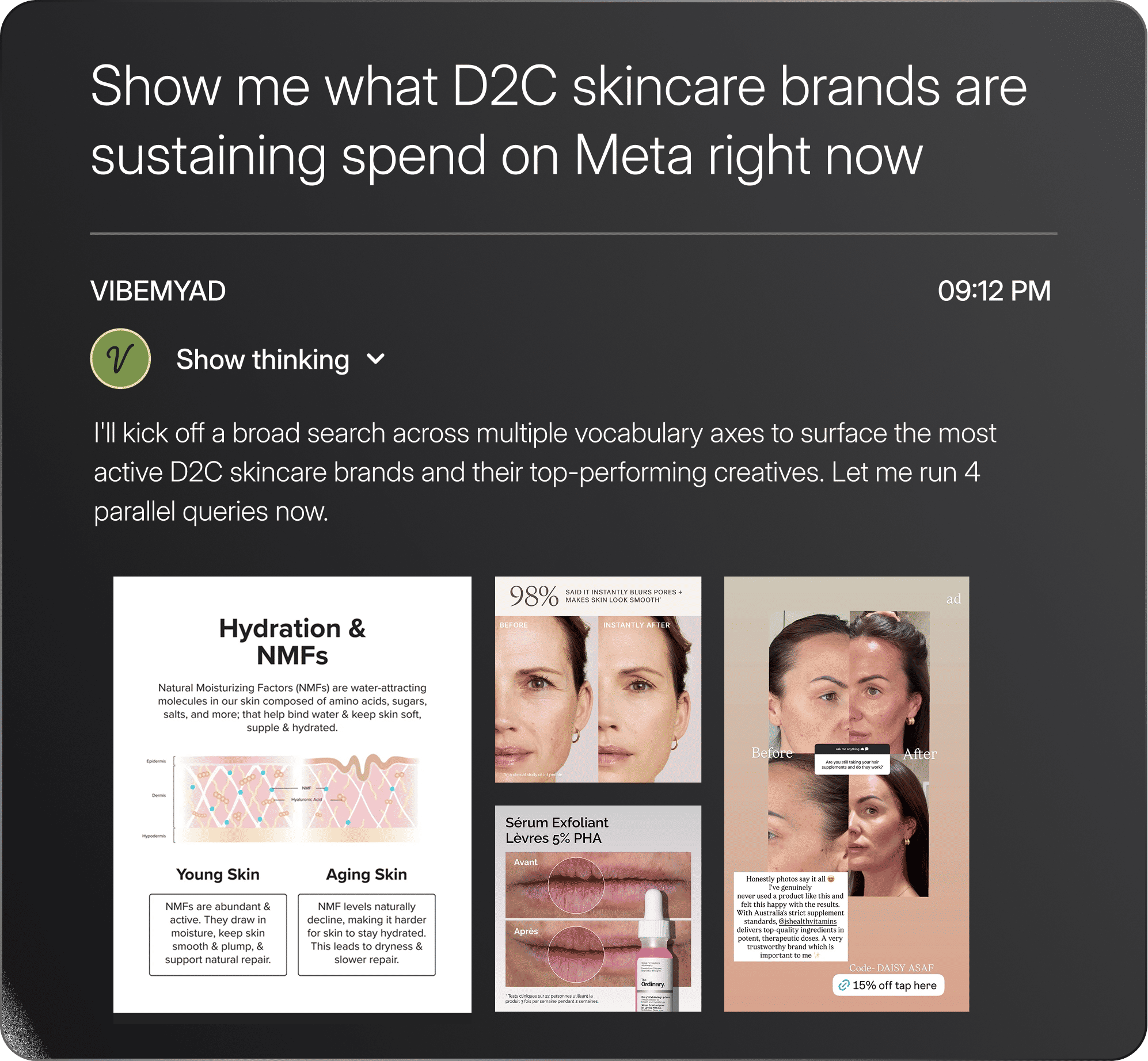 Vibemyad surfaces live D2C skincare ads currently running on Meta