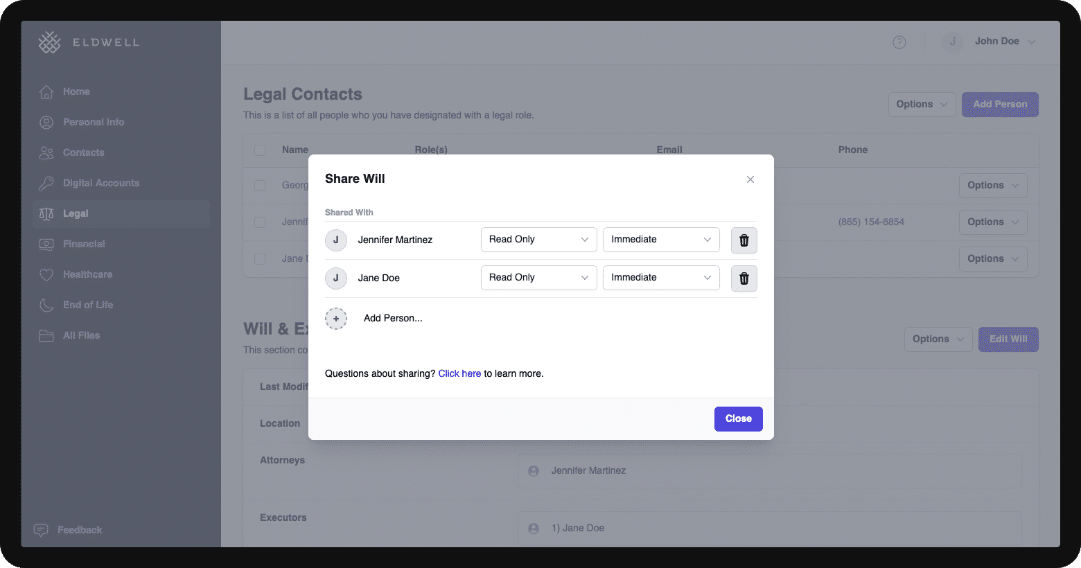 Screenshot of sharing data in Guardian