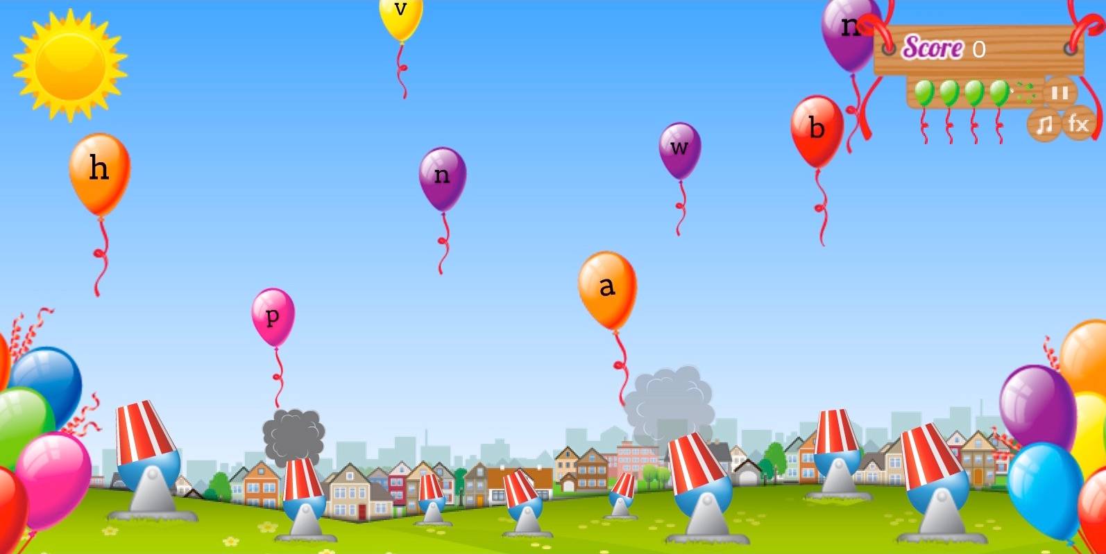 screenshot of a typing game where you shoot down balloons
