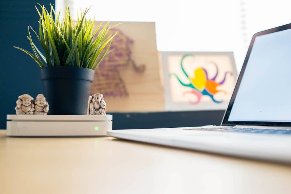 a plant with little buddha statues on a desk with artwork