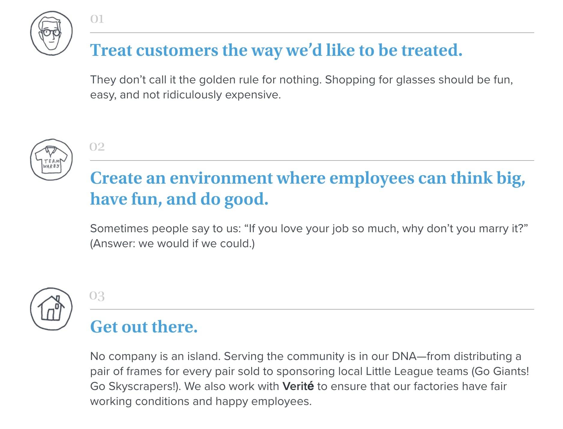 Warby Parker core values page screenshot