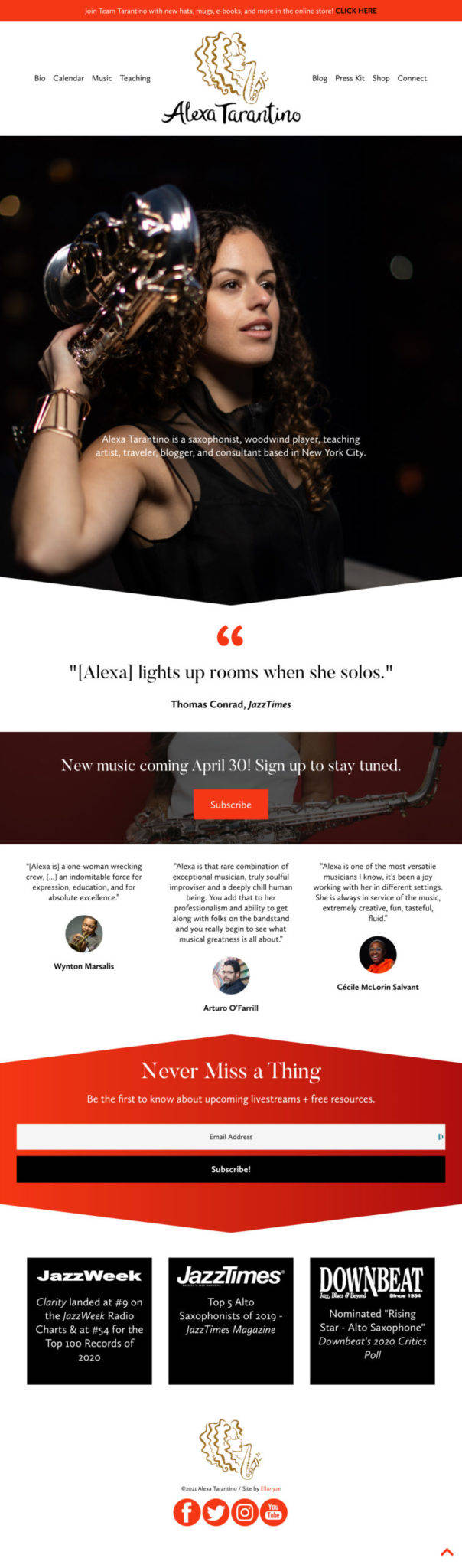 screenshot of Alexa's website after the makeover: bold, dark, black, orange, striking