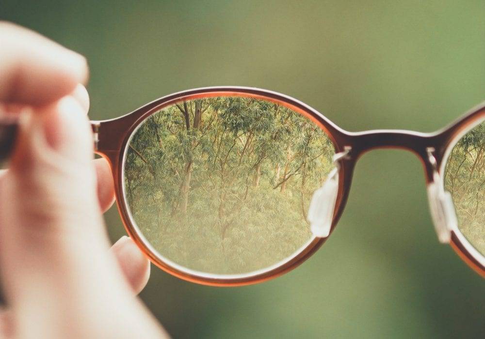 life lessons learned: someone looking through a pair of glasses that they're holding