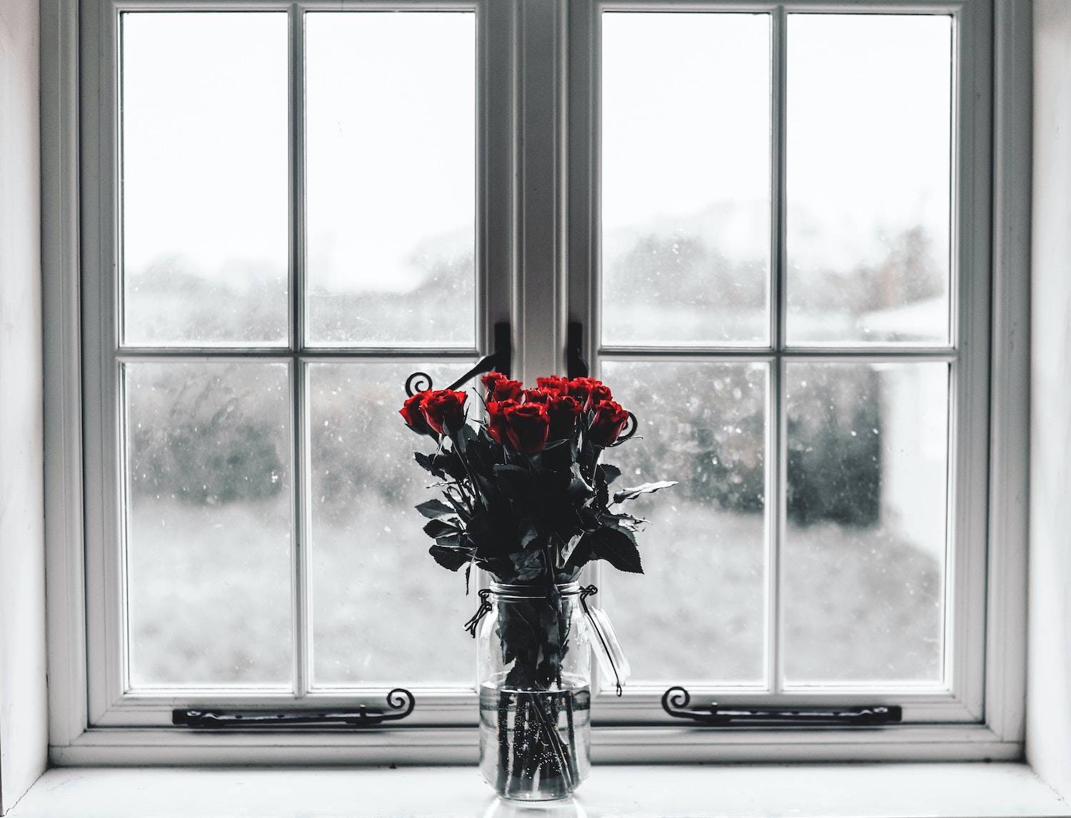 fun ways to cure the winter blues: a bouquet roses on top of a window with an icy cold white winter outside