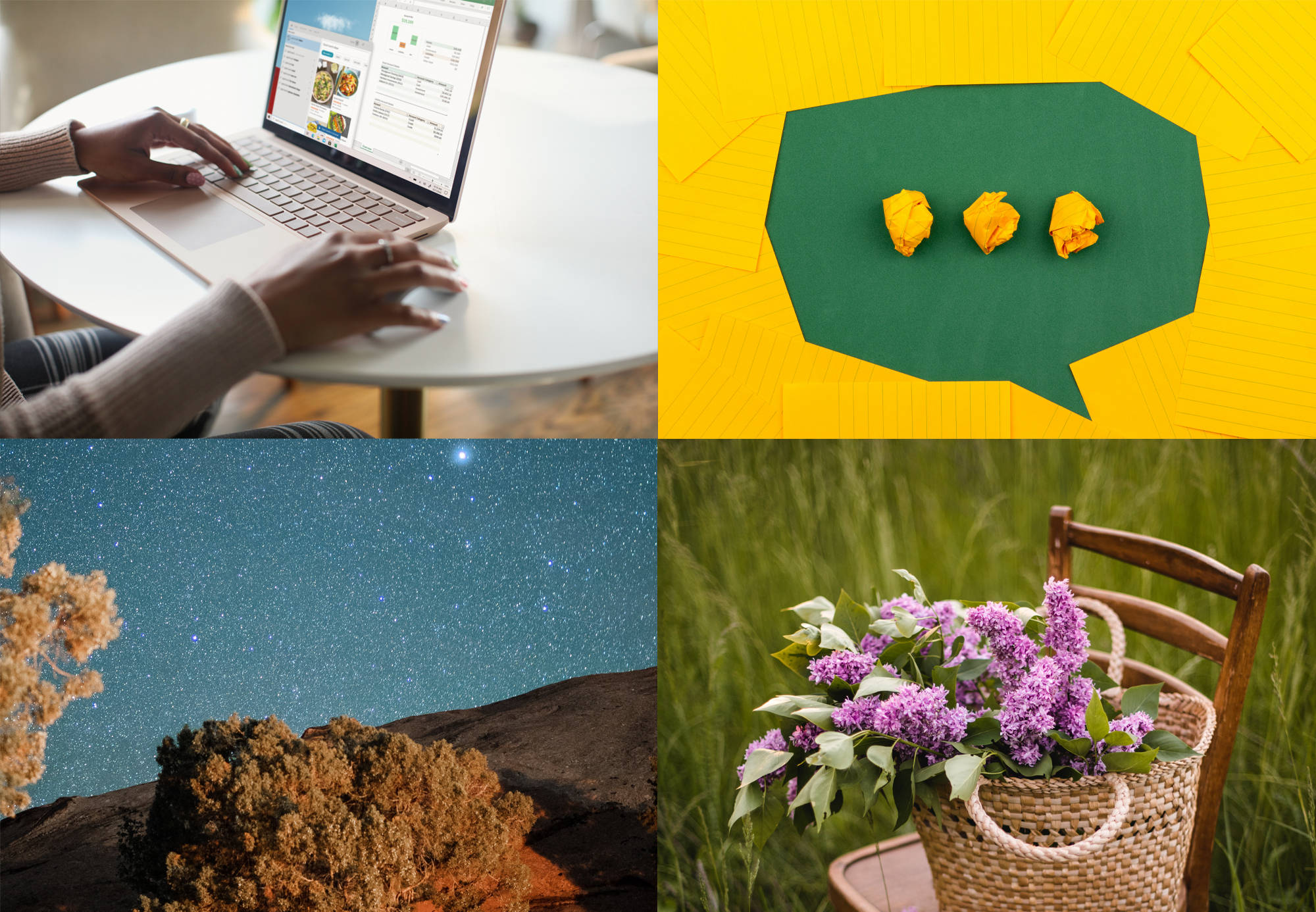 What pages should I have on my website? four images: woman at computer, talk bubble, starry night sky, lilacs in a basket