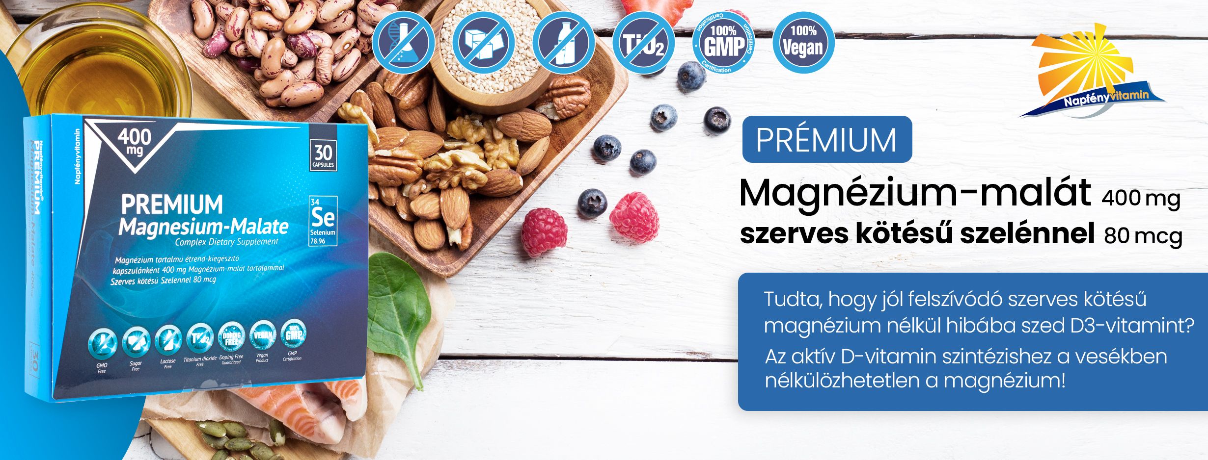 Prémium Magnézium-malát 400 mg szerves kötésű szelénnel 80 mcg - Napfényvitamin