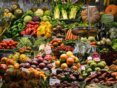 Assorted colorful fresh fruits displayed at a market