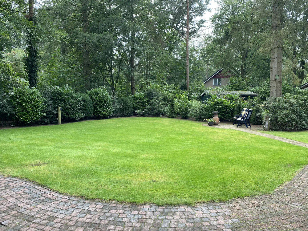 Tuin van Zonzicht – terras met zitplekken in een ruime bostuin, midden in de bosrijke natuur.