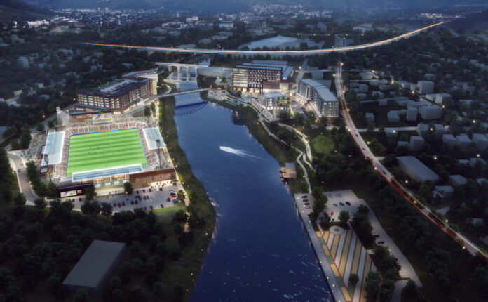 THE FINANCIAL AGREEMENT between project partners for the proposed Tidewater Landing project in Pawtucket has been extended again with a new deadline set for Jan. 31. / COURTESY NEW HARBOR GROUP