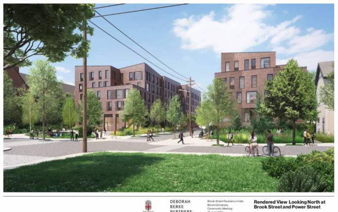 BROWN UNIVERSITY is planning to construct its first residence halls in 30 years, at a site on the East Side adjoining its existing Vartan Gregorian Quad. The buildings would be clad in brick. / COURTESY BROWN UNIVERSITY