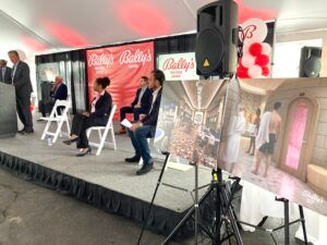 BALLY'S CORP. CASINO EXECUTIVES and state officials, including Gov. Daniel J. McKee, gathered on Thursday afternoon outside the casino to celebrate the rebranding and to mark the start of a $100 million expansion project at the Twin River casino and hotel in Lincoln. / PBN PHOTO/MARC LAROCQUE