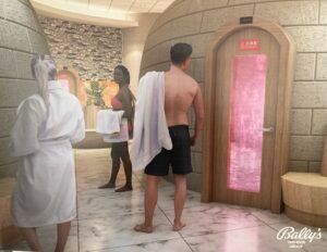 BALLY'S CORP. CASINO EXECUTIVES are marking the start of a $100 million expansion project at the Twin River casino and hotel in Lincoln, which includes a Korean style spa as envisioned in this visual rendering displayed at the groundbreaking. / PBN PHOTO/MARC LAROCQUE