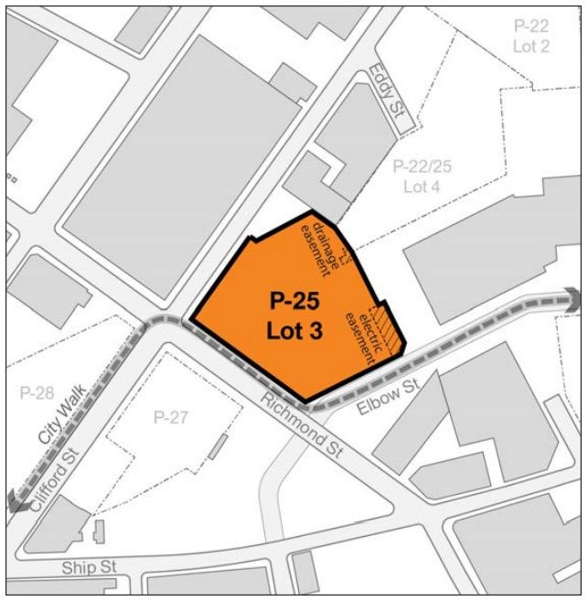 THE FAVORED SITE for a new state laboratory is Lot 3 of Parcel 25 in the I-195 Redevelopment District, a vacant 1.07-acre site at the corner of Richmond and Clifford streets, according to an R.I. Department of Health presentation. / COURTESY I-195 REDEVELOPMENT DISTRICT