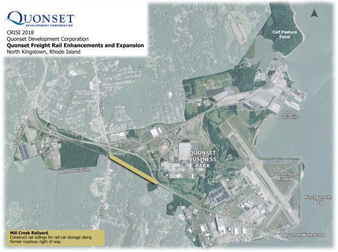 Quonset-rail-map THE QUONSET DEVELOPMENT CORP. is breaking ground on the Mill Creek Railyard on Friday. The map shows the location of the planned railyard in yellow. / COURTESY QUONSET DEVELOPMENT CORP.