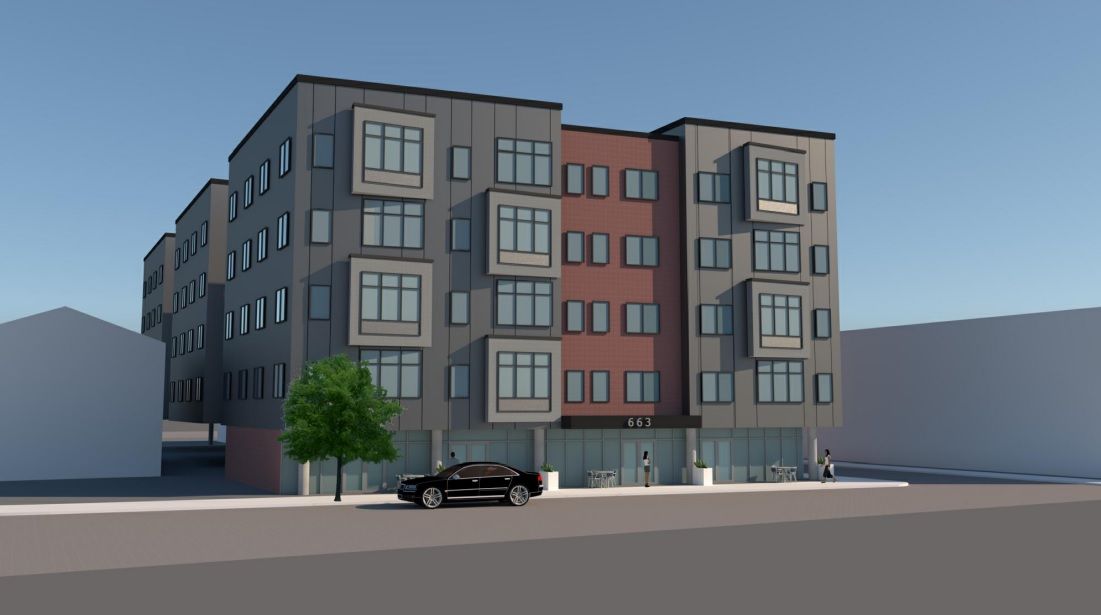 A NEW APARTMENT BUILDING WAS PROPOSED by Strive Realty and property owner Citadel Properties LLC at 663 Admiral St. in Providence. The applicant is requesting master plan approval to construct the 45-unit, five-story, mixed-use building with commercial space on the ground floor. / PHOTO COURTESY PROVIDENCE CITY PLAN COMMISSION