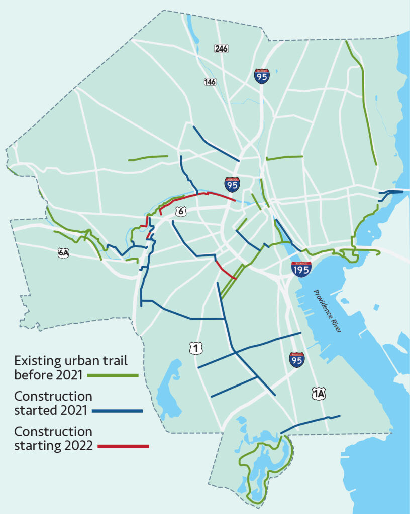 PEDALING PATHS: Here’s what bike infrastructure is already in place in Providence, where construction started last year,  and what’s slated for construction this year. SOURCE: PROVIDENCE PLANNING DEPARTMENT | ILLUSTRATION: PBN/ANNE EWING