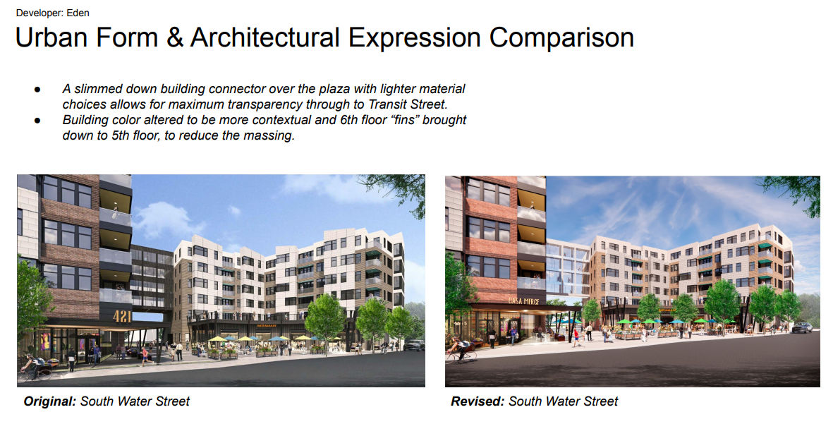 THREE DEVELOPMENT FIRMS are coming back before the I-195 Redevelopment District Commission on Wednesday, Jan. 19, 2022, with revised proposals for Parcel 2 on South Water Street in Providence. Eden Properties' revised proposal includes two-story townhouses. / COURTESY I-195 REDEVELOPMENT DISTRICT COMMISSION