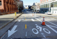 MUTED REACTION: Reaction to sections of new bike lanes on Empire Street in downtown Providence, pictured, has been muted, at least so far, unlike other areas of the city such as along South Water Street.  / PBN PHOTO/ELIZABETH GRAHAM
