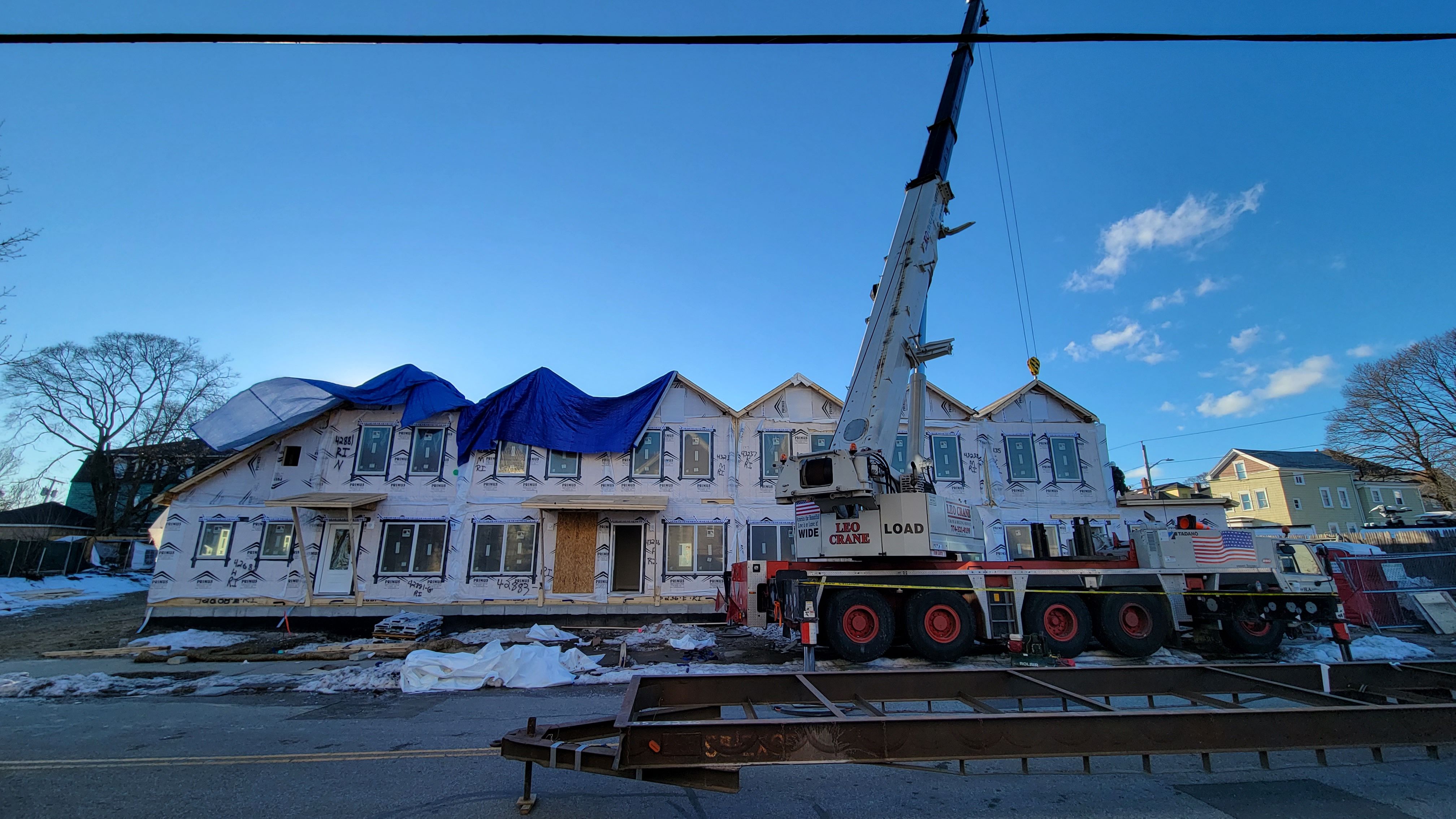 "THE BOWDOIN STREET ROWHOUSE" awaits final roof work after construction on Thursday, March 3, 2022. The EIGHT modular units of affordable housing are expected to be completed by May. / PHOTO COURTESY STEPHEN IDE OF ONE NEIGHBORHOOD BUILDERS