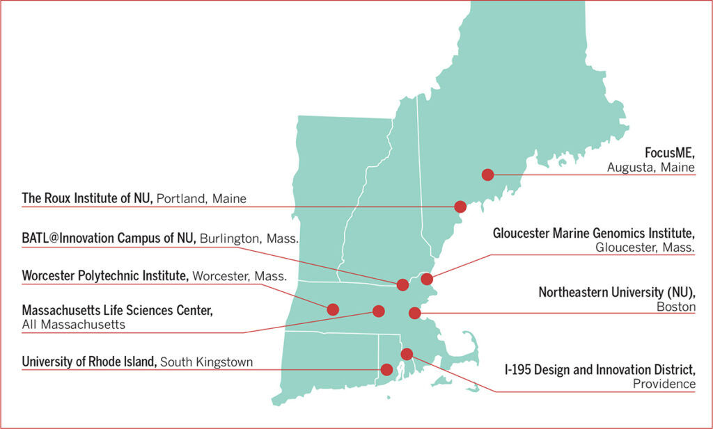 CLUSTER DEVELOPMENT BioConnects New England’s entry into the $1 billion Build Back Better Regional Challenge calls for the collaboration of institutions in Maine, Massachusetts and Rhode Island to strengthen biomanufacturing and life sciences in the Northeast. In Rhode Island, that would include the creation of a lab that would support biotech startups. / SOURCE: BioConnects New England / PBN ILLUSTRATION/ANNE EWING