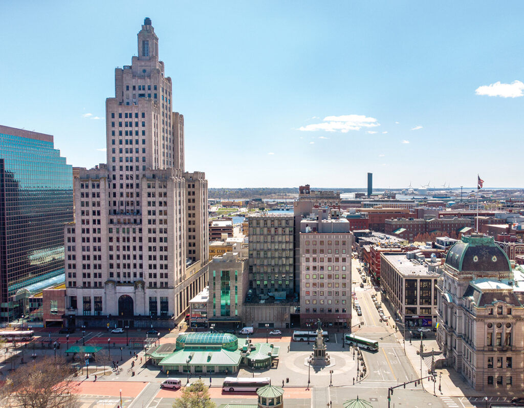 BUILDING BLOCK: City and state leaders believe a plan to provide financial assistance for the residential conversion of the Industrial Trust Co. Building, second from the left, will dovetail with a planned transformation of Kennedy Plaza, the public space in front of the building. / PBN PHOTO/
PAMELA BHATIA