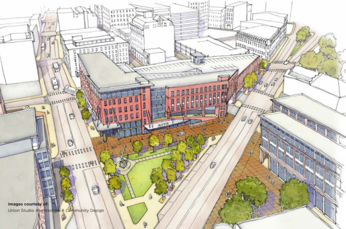 GOV. DANIEL J. MCKEE on Thursday announced plans to seek interested private developers to partner with the state on a new, indoor transit center to replace the bus depot at Kennedy Plaza. Pictured is a rendering of the project. /COURTESY OF UNION STUDIO ARCHITECTURE AND COMMUNITY DESIGN