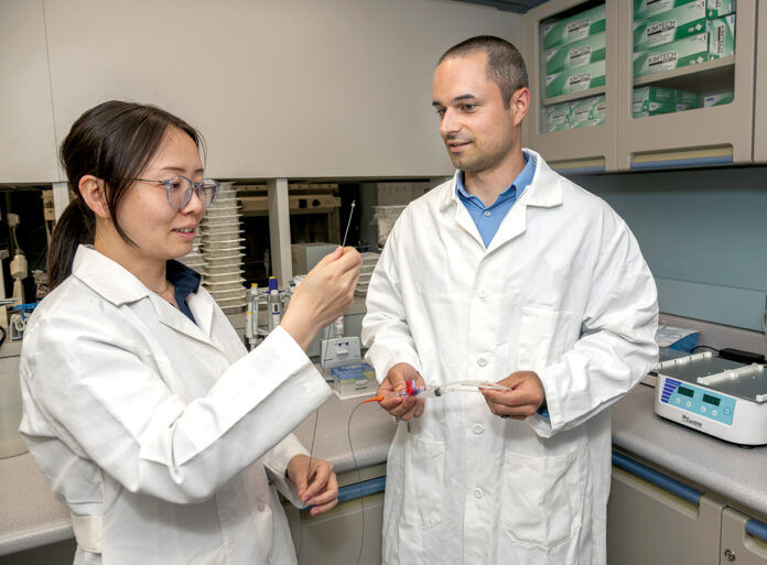 LAB TALK: Jennie Liu, left, research scientist, and Jason LaPorte, senior research associate for TriSalus Life Sciences, discuss the TriNav infusion system that will be tested to deliver treatments for pancreatic and liver tumors as part of a partnership with Lifespan Corp. / PBN PHOTO/MICHAEL SALERNO
