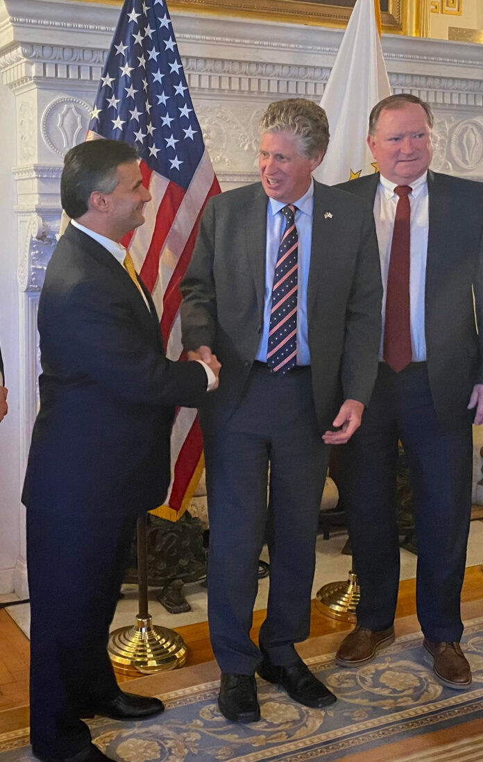 SOME ENVIRONMENTAL GROUPS are skeptical of PPL Corp.'s commitment to Rhode Island renewable energy goals. The company, which now owns the state's primary utlity business, met with state leaders on Wednesday. Pictured from left to right are PPL CEO Vincent Sorgi, Gov. Daniel J. McKee and Senate Majority Leader Michael McCaffrey. /PBN PHOTO/NANCY LAVIN