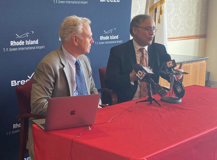 BREEZE AIRWAYS CEO and founder David Neelman (left) and R.I. Airport Corp. President and CEO Iftikhar Ahmad (right) detailed plans to house a permanent base of operations for the budget airline out of Rhode Island T.F. Green International Airport in a media event on Friday. /PBN PHOTO/NANCY LAVIN
