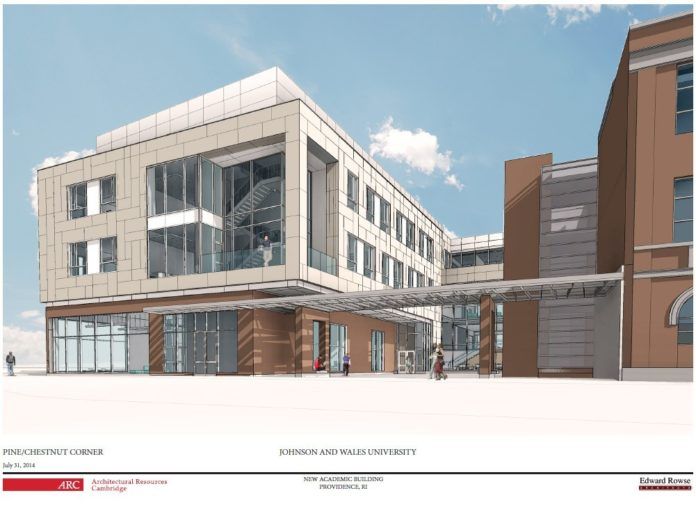 A NEW $40 MILLION, 60,000-SQUARE-FOOT academic building is being planned by Johnson & Wales University at the corner of Pine and Chestnut streets in Providence's Jewelry District. Construction is expected to begin in April. / COURTESY JOHNSON & WALES UNIVERSITY A NEW $40 MILLION, 60,000-SQUARE-FOOT academic building is being planned by Johnson & Wales University at the corner of Pine and Chestnut streets in Providence's Jewelry District. Construction is expected to begin in April. / COURTESY JOHNSON & WALES UNIVERSITY