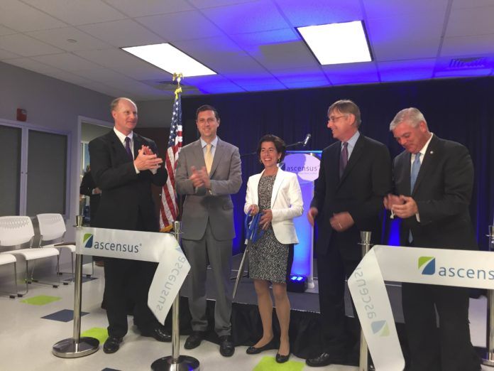 OFFICIALS CELEBRATE the opening of Ascensus' new office in Warwick on Monday. From left to right, Jeff Howkins, president and CEO of Ascensus College Savings; General Treasurer Seth Magaziner; Gov. Gina M. Raimondo; Bob Guillocheau, president and CEO, Ascensus Inc.; and Warwick Mayor Scott Avedisian. / COURTESY TRUE NORTH COMMUNICATIONS OFFICIALS CELEBRATE the opening of Ascensus' new office in Warwick on Monday. From left to right, Jeff Howkins, president and CEO of Ascensus College Savings; General Treasurer Seth Magaziner; Gov. Gina M. Raimondo; Bob Guillocheau, president and CEO, Ascensus Inc.; and Warwick Mayor Scott Avedisian. / COURTESY TRUE NORTH COMMUNICATIONS