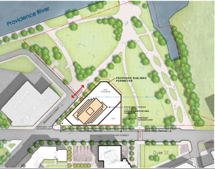 THE PROPOSED SITE plan for Hope Point, which passed a preliminary vote of the Interstate 195 Redevelopment District Commission. Some residents have voiced concern over the project and its effect on downtown Providence. / COURTESY THE FANE ORGANIZATION