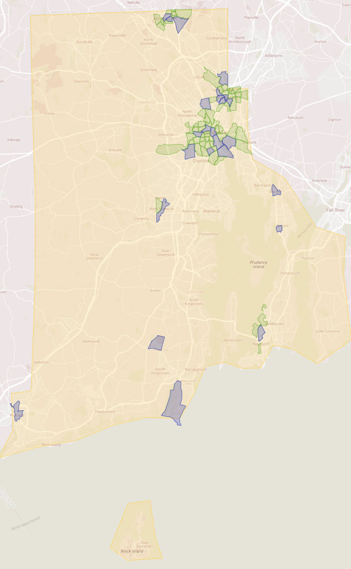 OPPORTUNITY ZONES: A map of the nominated census tracts in Rhode Island that Gov. Gina M. Raimondo submitted to the U.S. Treasury Department as Opportunity Zones, areas in which investors become eligible for tax incentives for investing in real estate projects or businesses. / COURTESY COMMERCE RI