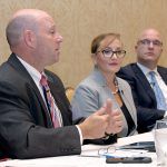 BEING PROACTIVE: Panelists at the 2018 PBN Cybersecurity Summit, held at the Crowne Plaza Providence-Warwick on Oct. 11, discuss ways companies can prepare for and prevent cyberattacks and hackers. From left: Jeffrey Ziplow, cybersecurity risk assessment partner for BlumShapiro; Francesca Spidalieri, senior fellow for cyber leadership at the Pell Center for International Relations and Public Policy at Salve Regina University; and Jason Farmer, senior solution manager for RiskSense.  / PBN PHOTO/MIKE SKORSKI