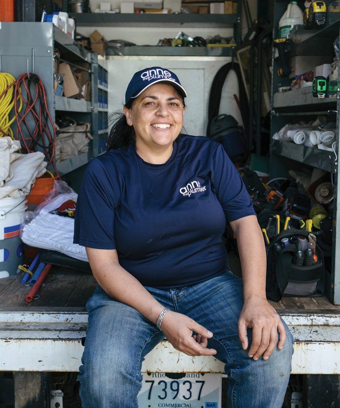 After years working with, among others, nuns and becoming an expert in demolition for a contractor, Anne-Marie Rosario Flores decided to become a plumber. After a two-year course at New England Institute of Technology and working for other plumbers, she founded Anne the Plumber in 2013. / PBN PHOTO/RUPERT WHITELEY After years working with, among others, nuns and becoming an expert in demolition for a contractor, Anne-Marie Rosario Flores decided to become a plumber. After a two-year course at New England Institute of Technology and working for other plumbers, she founded Anne the Plumber in 2013. / PBN PHOTO/RUPERT WHITELEY