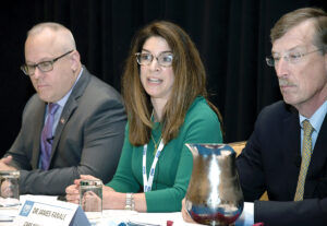 INCREASED ROLE: PBN Health Care Summit panelists Robert Jay Amrien, founder and director of the Bryant University physician assistant program, and Maria Ducharme, chief nursing officer and senior vice president of patient care services at The Miriam Hospital, said one of the ways to expand access to primary care is to increase the role for nurse practitioners and physician assistants. / PBN PHOTO/MIKE SKORSKI