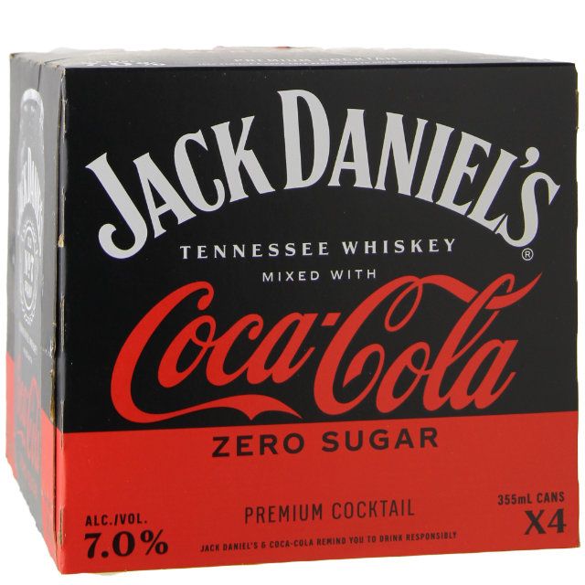 Jack Daniels Whiskey & Coca Cola Zero 4-355ml Cans :: Ready to Go