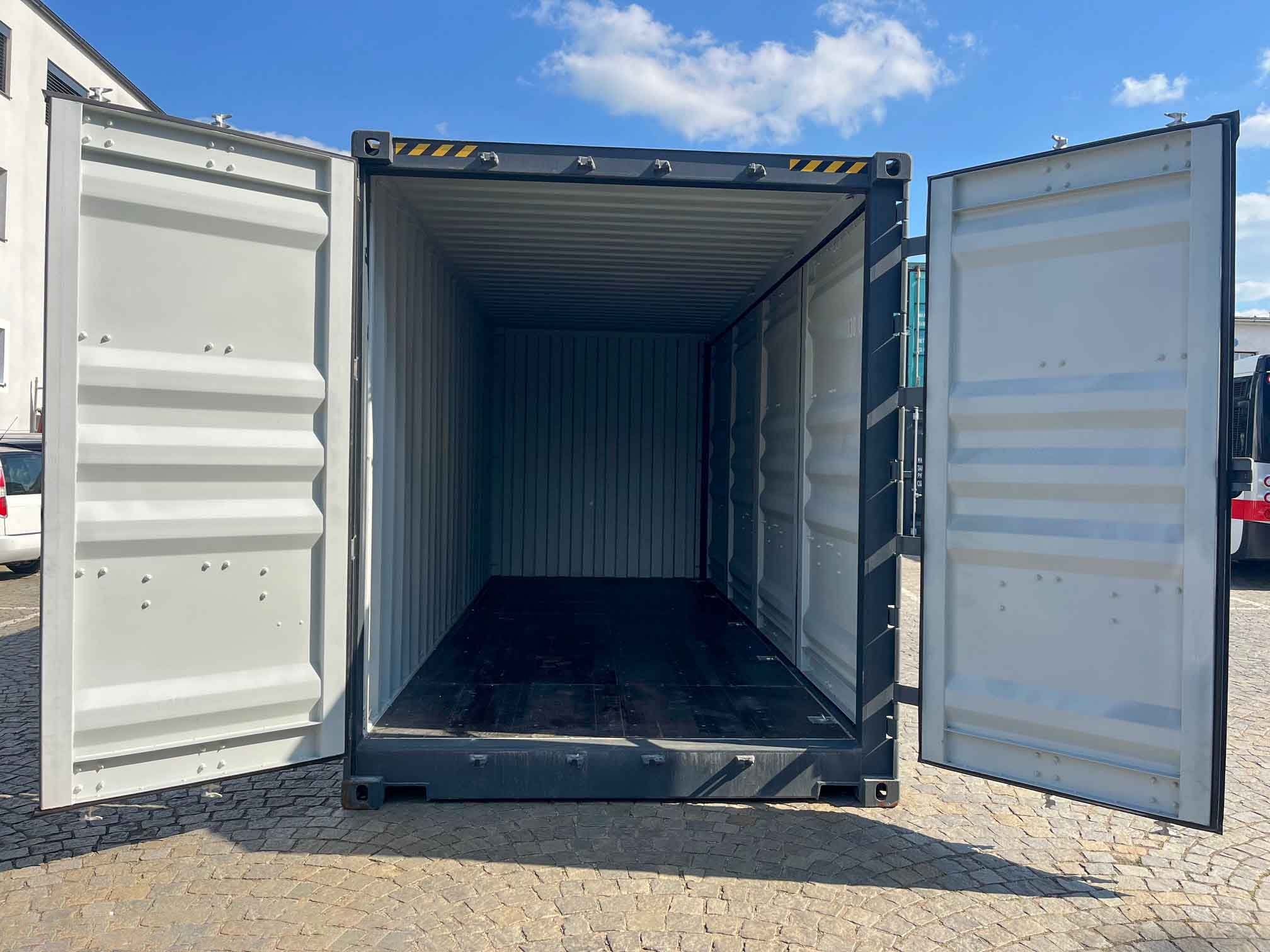 20-Fuß High Cube Container mit offener Seite in Anthrazitgrau, Seitenansicht