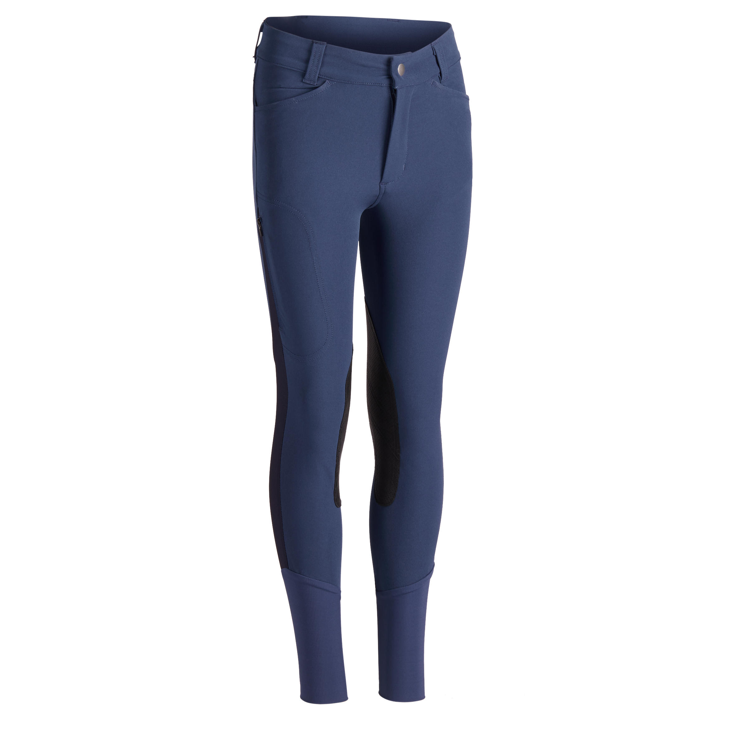Fouganza Sommer-Reithose 500 Mesh Kniebesatz Kunstleder Kinder dunkelblau/marineblau