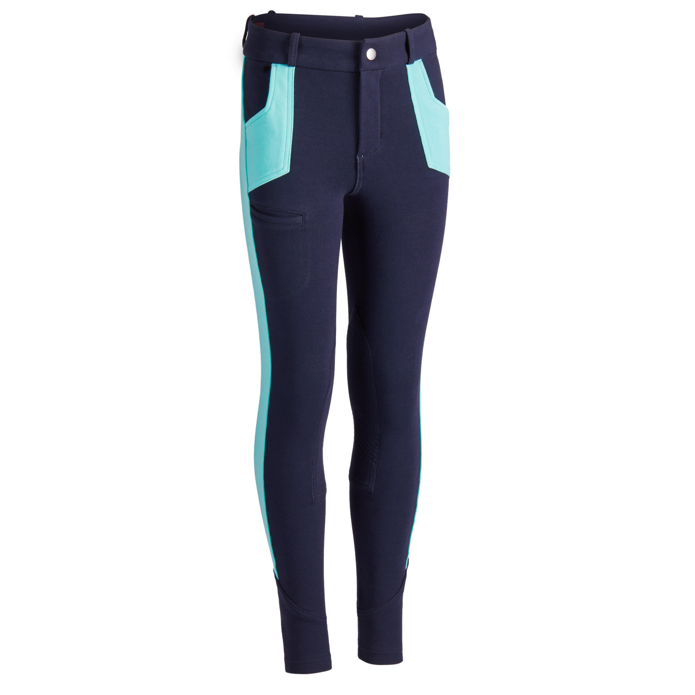 Fouganza Reithose 120 Kniebesatz Stoff Kinder marineblau/türkis