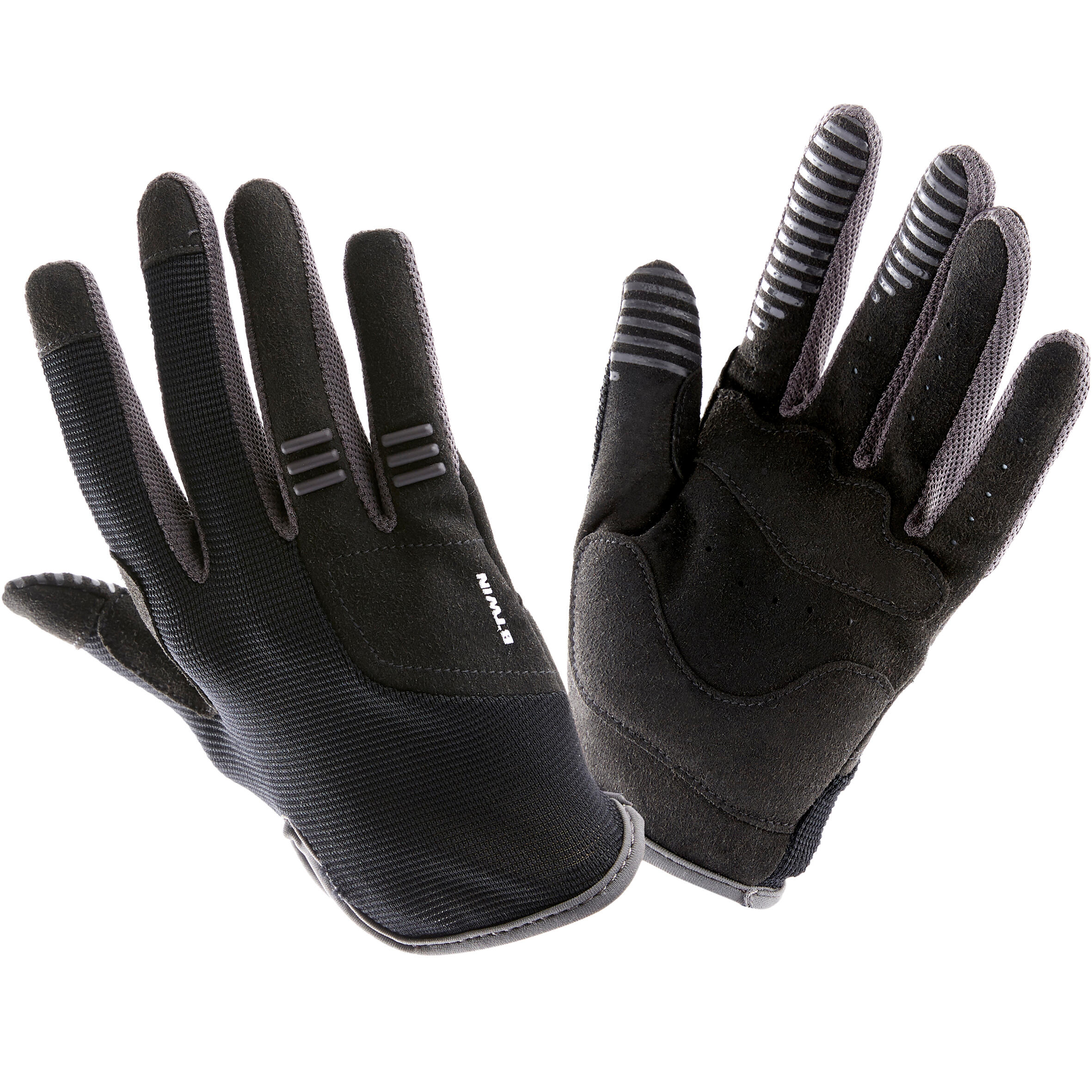 Btwin Fahrradhandschuhe lang Kinder schwarz/grau