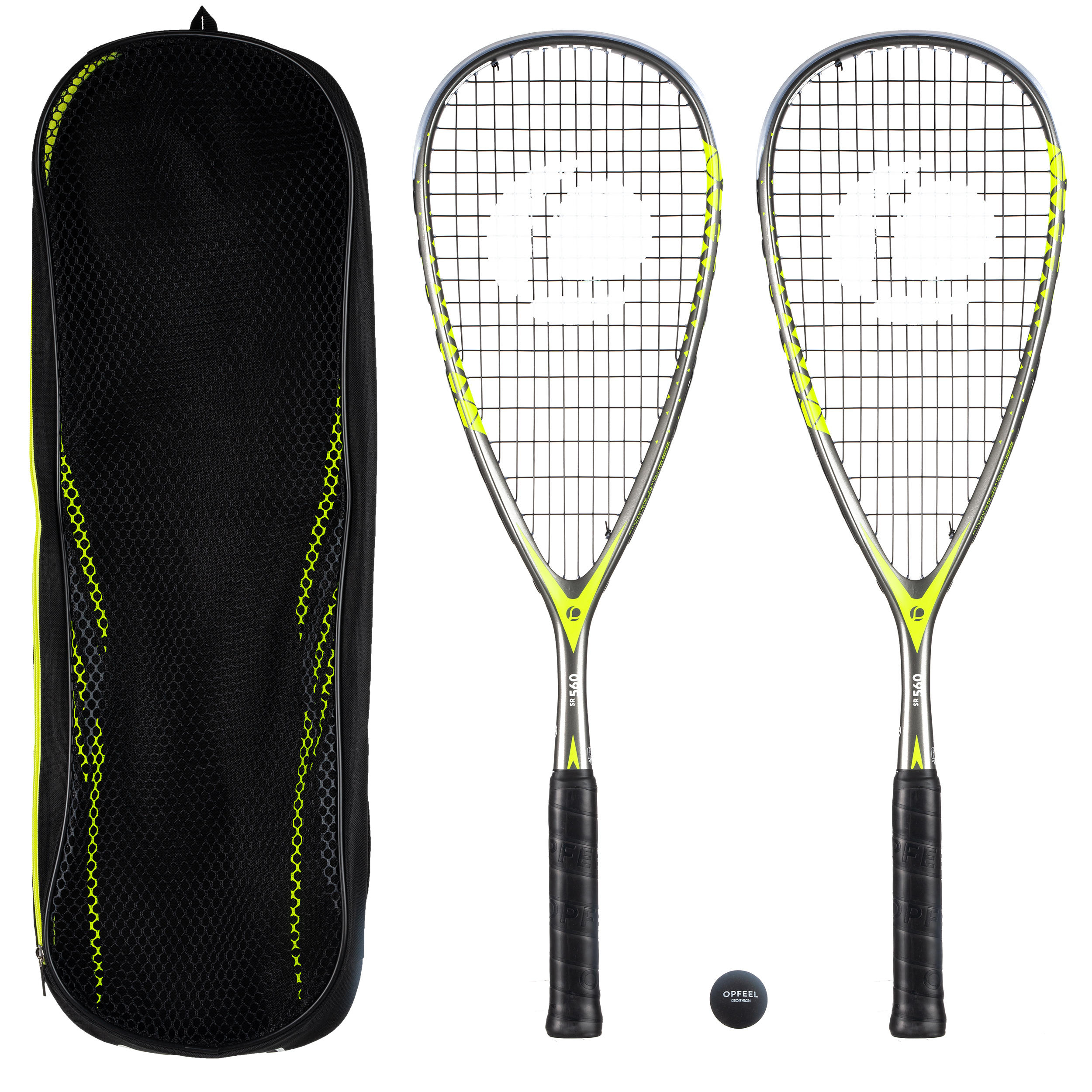 Perfly Squashschläger-Set SR560 Club (2 Schläger, Ball mit rotem Punkt, Schlägerhülle)