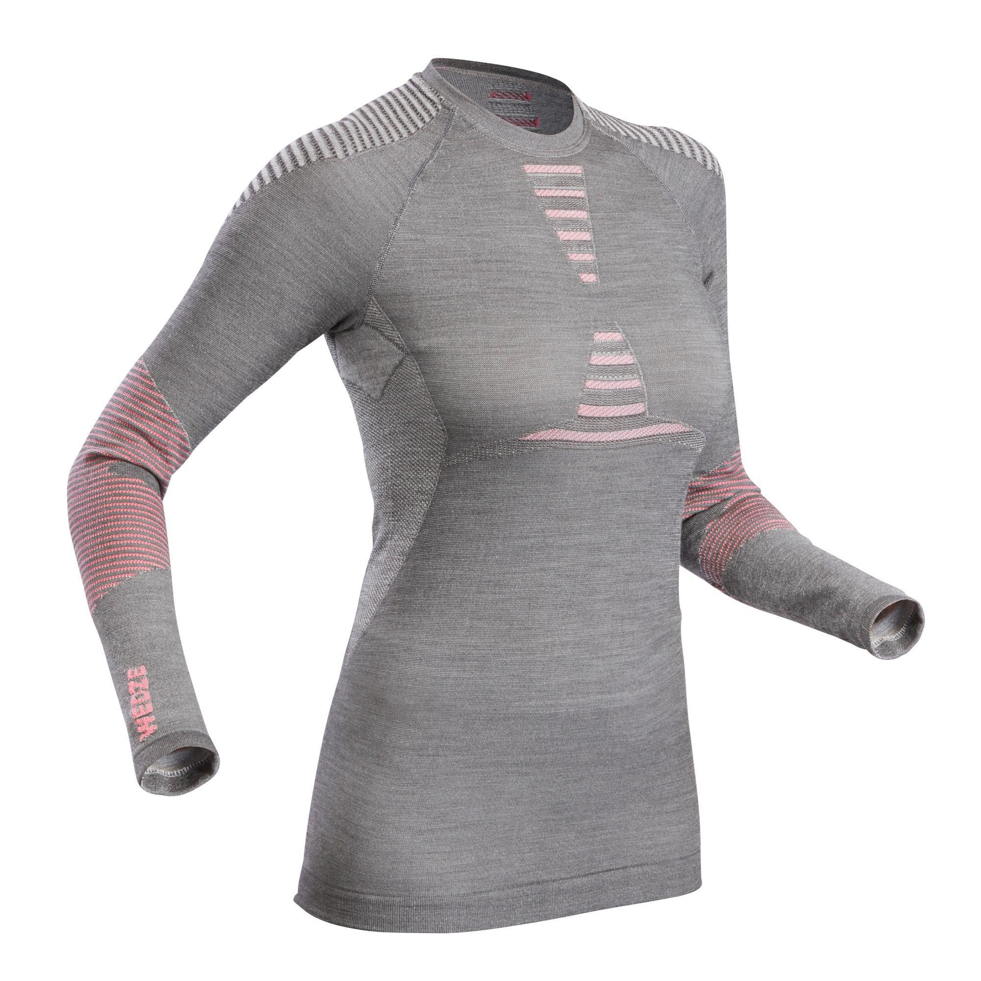 Wedze Skiunterwäsche Funktionsshirt - BL 980 Seamless Wolle Damen grau/rosa