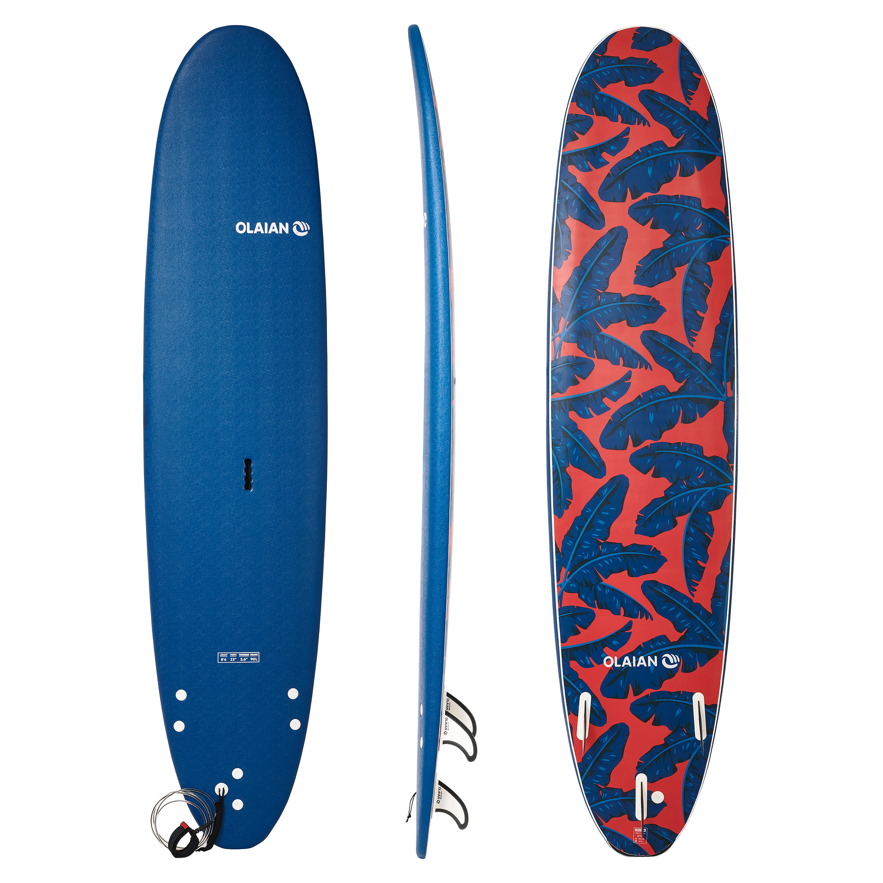 Olaian Surfboard Schaumstoff 500 8'6" inkl. Leash und 3 Finnen.
